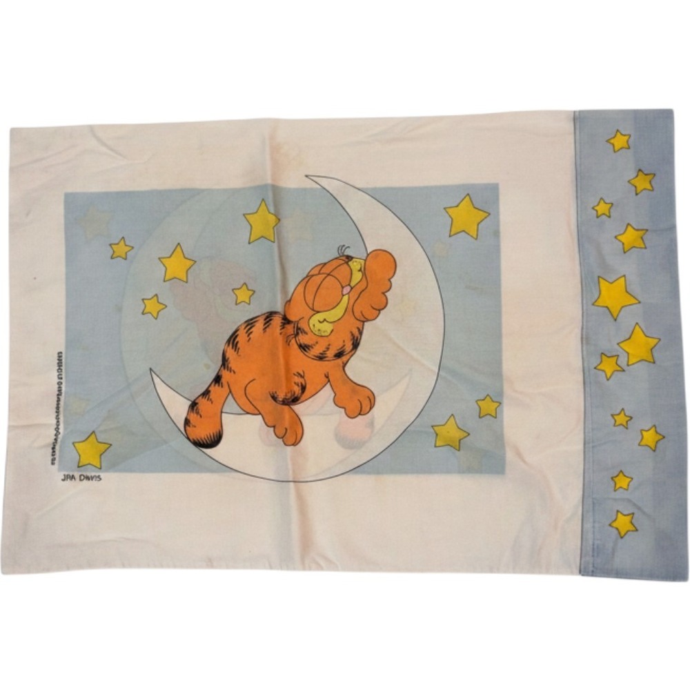 Vintage 1978 Garfield Sleeping on Moon Pillowcase Jim Davis Stars Blue White
